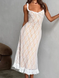 COMMENSE Lace Patchwork Cami Midi Dress* White Dresses|Black Dresses
