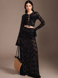 COMMENSE Lace Sheer Pleated Maxi Skirt Set* Skirt Sets|Long Sleeve Sets