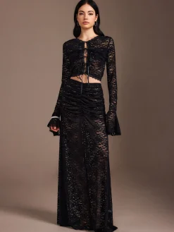 COMMENSE Lace Sheer Pleated Maxi Skirt Set* Skirt Sets|Long Sleeve Sets