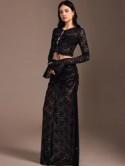 COMMENSE Lace Sheer Pleated Maxi Skirt Set* Skirt Sets|Long Sleeve Sets