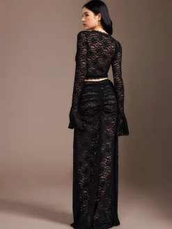 COMMENSE Lace Sheer Pleated Maxi Skirt Set* Skirt Sets|Long Sleeve Sets