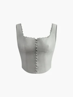 COMMENSE Lace Trim Button Up Tank Top* Tank Tops & Camis