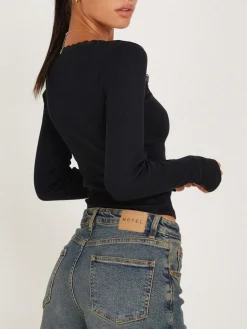 COMMENSE Lace Trim Long Sleeve Crop Top* Sweater Tops|Crop Tops