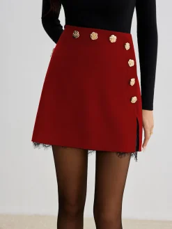 COMMENSE Lace Trim Metal-Flower Zipper Skirt* Skirts|Bottoms