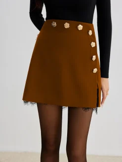 COMMENSE Lace Trim Metal-Flower Zipper Skirt* Skirts|Bottoms