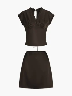 COMMENSE Lace Trim Satin Skirt Set* Skirt Sets|Long Sleeve Sets