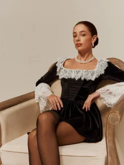 COMMENSE Lace Trim Velvet Short Dress* Black Dresses|Cocktail & Party Dresses