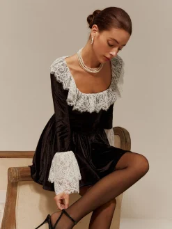 COMMENSE Lace Trim Velvet Short Dress* Black Dresses|Cocktail & Party Dresses