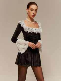 COMMENSE Lace Trim Velvet Short Dress* Black Dresses|Cocktail & Party Dresses