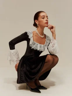 COMMENSE Lace Trim Velvet Short Dress* Black Dresses|Cocktail & Party Dresses