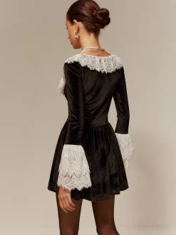 COMMENSE Lace Trim Velvet Short Dress* Black Dresses|Cocktail & Party Dresses