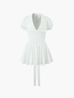 COMMENSE Lace Up Doll Collar Short Dress* White Dresses|Casual Dresses