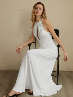 COMMENSE Lace Up Pleated Halter Long Dress* White Dresses|Work Dresses