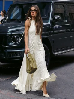 COMMENSE Lace Up Pleated Halter Long Dress* White Dresses|Work Dresses