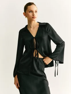 COMMENSE Lace Up Satin Midi Skirt Set* Skirt Sets|Long Sleeve Sets