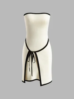 COMMENSE Lace Up Wrap Sweater Tube Dress* White Dresses|Sweater Dresses