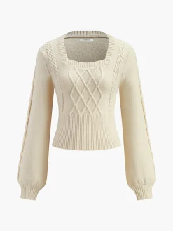 COMMENSE Lantern Sleeve Cinched Waist Twist Sweater* Knitwear|Tops