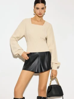 COMMENSE Lantern Sleeve Cinched Waist Twist Sweater* Knitwear|Tops