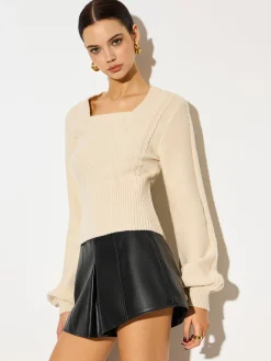 COMMENSE Lantern Sleeve Cinched Waist Twist Sweater* Knitwear|Tops