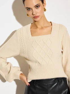 COMMENSE Lantern Sleeve Cinched Waist Twist Sweater* Knitwear|Tops
