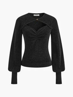 COMMENSE Lantern Sleeve Sweetheart Pleated Knit Top* Knitwear|Tops
