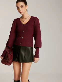 COMMENSE Lantern Sleeve V-Neck Sweater* Sweater Tops|Sweaters & Cardigans