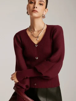 COMMENSE Lantern Sleeve V-Neck Sweater* Sweater Tops|Sweaters & Cardigans