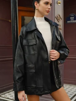 COMMENSE Lapel Belted Zipper PU Leather Jacket* Outerwear|Jackets