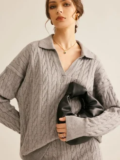 COMMENSE Lapel Cable Sweater* Sweater Tops|Sweaters & Cardigans