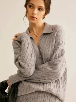COMMENSE Lapel Cable Sweater* Sweater Tops|Sweaters & Cardigans
