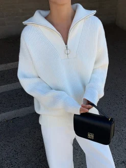 COMMENSE Lapel Half-Zipper Ribbed Sweater* Sweater Tops|Sweaters & Cardigans