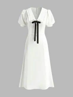 COMMENSE Lapel Knotted Piping Zipper Dress* White Dresses|Casual Dresses