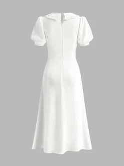 COMMENSE Lapel Knotted Piping Zipper Dress* White Dresses|Casual Dresses
