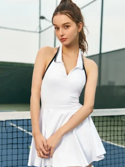 COMMENSE Lapel Panel Active Halter Dress* White Dresses|Activewear