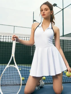 COMMENSE Lapel Panel Active Halter Dress* White Dresses|Activewear
