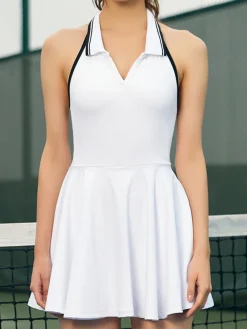 COMMENSE Lapel Panel Active Halter Dress* White Dresses|Activewear