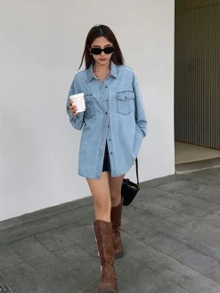 COMMENSE Lapel Pockets Denim Jacket* Outerwear|Tops