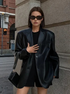 COMMENSE Lapel Pockets Leather Blazer* Outerwear|Blazers
