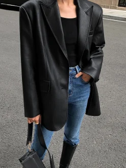 COMMENSE Lapel Pockets Leather Blazer* Outerwear|Blazers