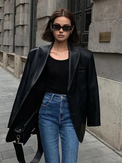 COMMENSE Lapel Pockets Leather Blazer* Outerwear|Blazers