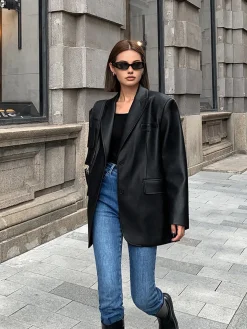 COMMENSE Lapel Pockets Leather Blazer* Outerwear|Blazers