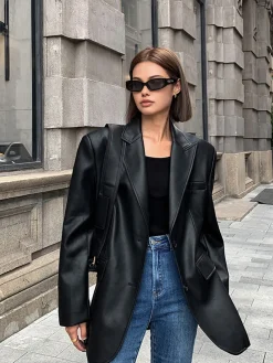 COMMENSE Lapel Pockets Leather Blazer* Outerwear|Blazers