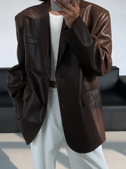 COMMENSE Lapel Pockets Leather Blazer* Outerwear|Blazers