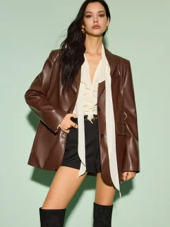 COMMENSE Lapel Pockets Leather Blazer* Outerwear|Blazers