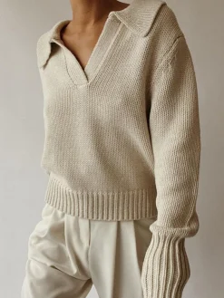 COMMENSE Lapel Ribbed Pullover Sweater* Sweater Tops|Sweaters & Cardigans