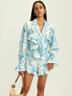 COMMENSE Lapel Ruffle Printed Shorts Set* Shorts Sets|Shorts