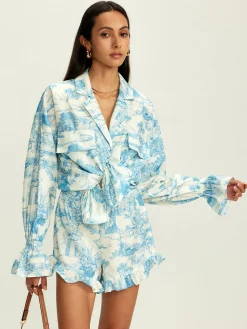 COMMENSE Lapel Ruffle Printed Shorts Set* Shorts Sets|Shorts