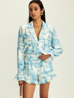 COMMENSE Lapel Ruffle Printed Shorts Set* Shorts Sets|Shorts