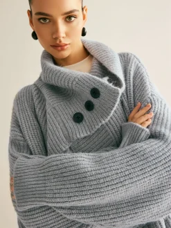 COMMENSE Lapel Scarf Ribbed Long Cardigan* Cardigans|Sweaters & Cardigans