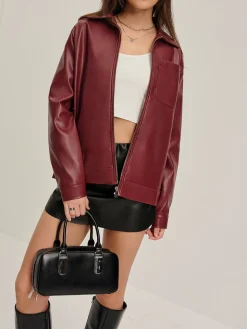 COMMENSE Lapel Zipper Faux Leather Jacket* Outerwear|Jackets